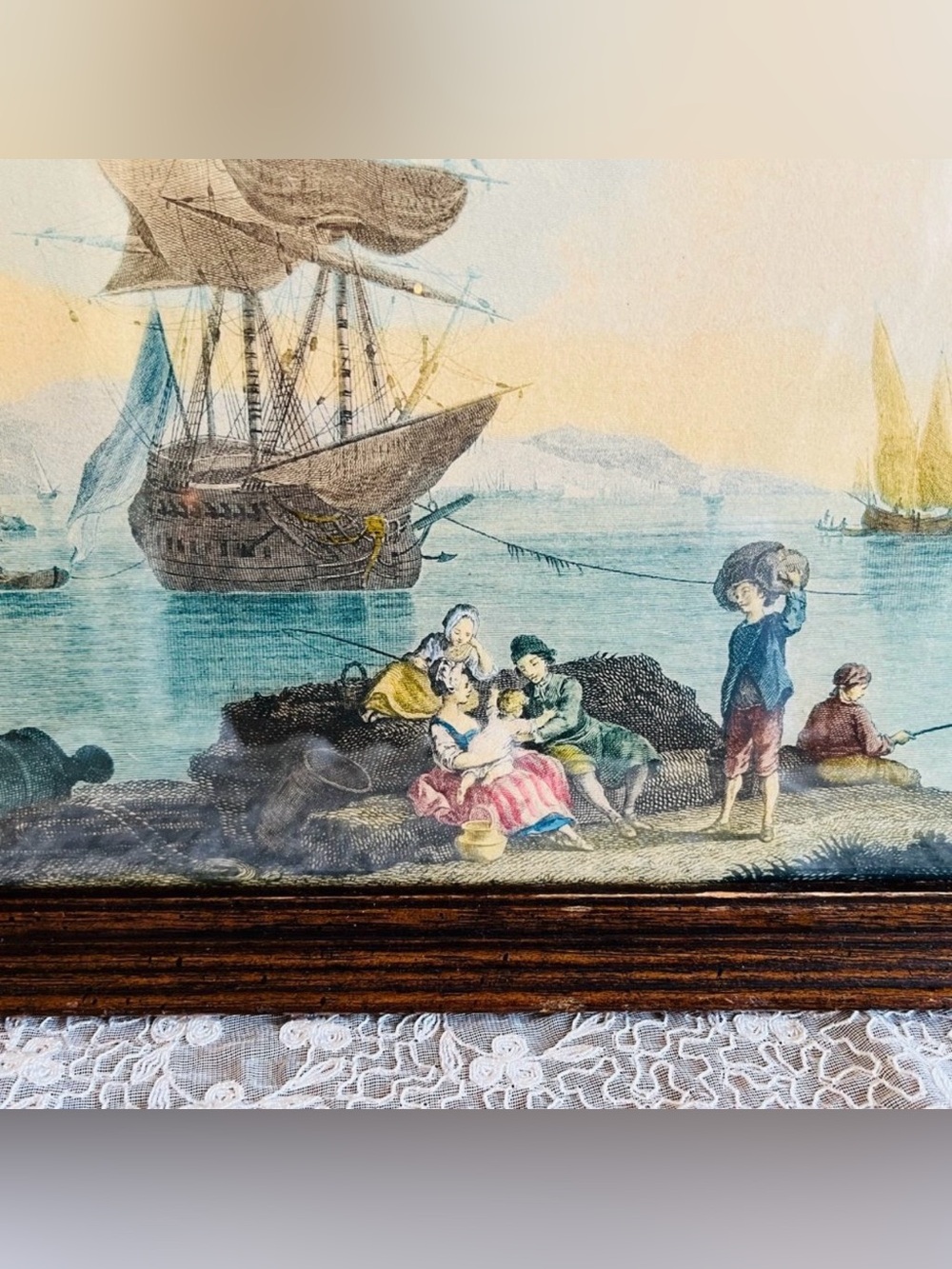 Antique French Le Delassement du Pecheur colored etching - Picture 6 of 11